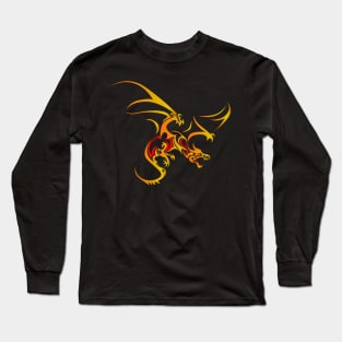 Flying Dragon in Tattoo/Tribal Style, Gold with Red accents Long Sleeve T-Shirt